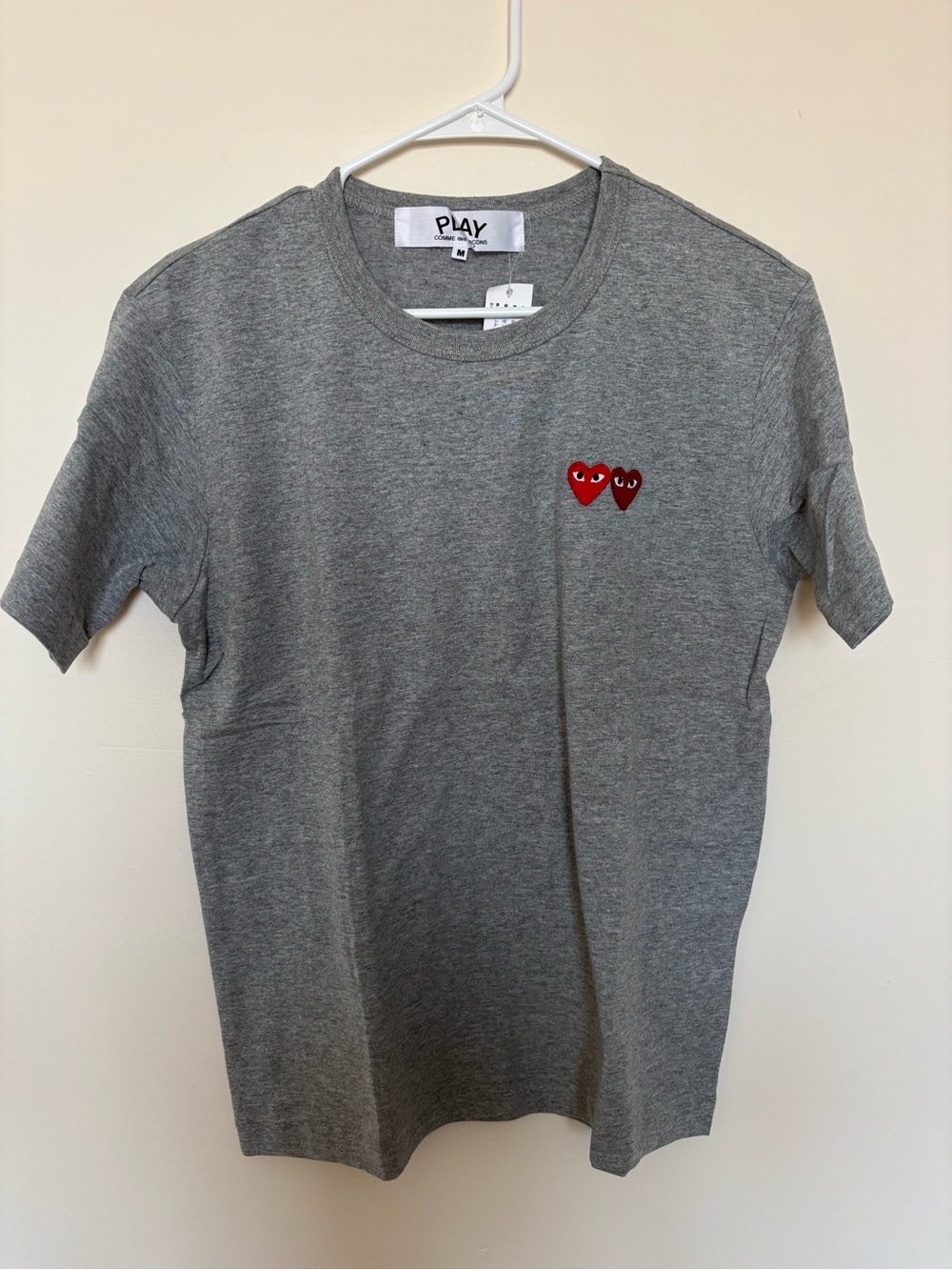 NWT Comme des Garçons PLAY Grey Short-Sleeve Tee with Red Heart Patch